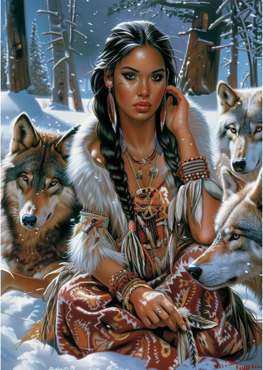 Diamond Art Painting Kits for Adults American Native Indian Woman and Wolf DIY Paint with Full Drill Round Diamond Gems Painting Art Craft for Home Wall Decor